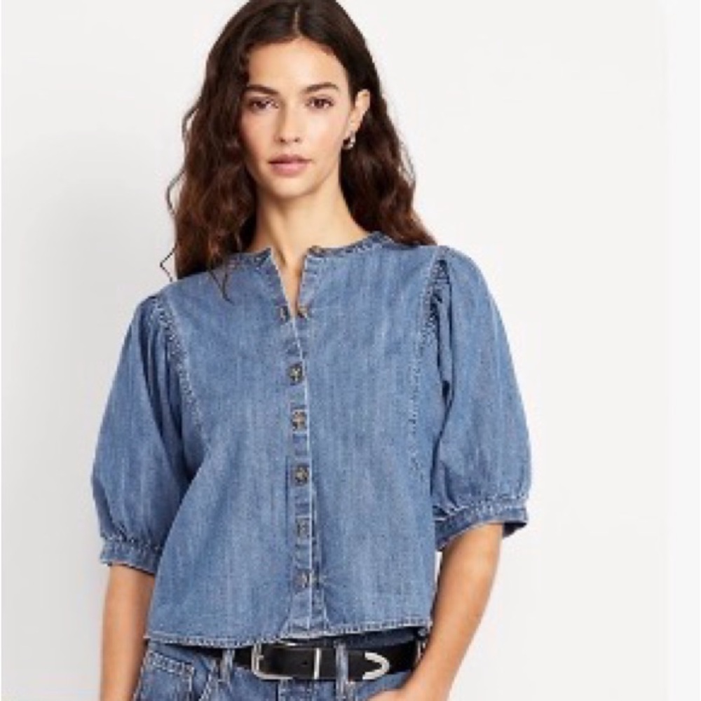 Old Navy Puff-Sleeve Button-Down Cropped Denim 3x NWT